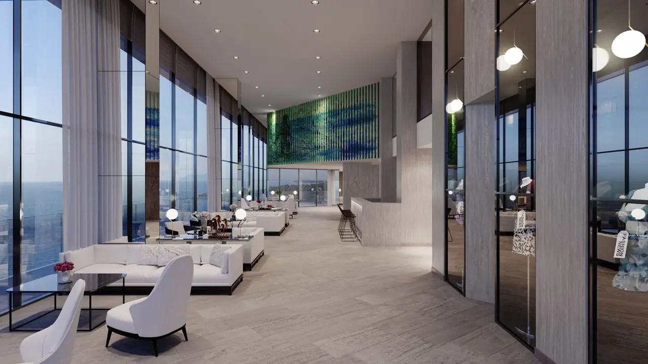 Modern hotel lobby with sea views