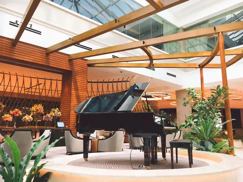 Grand piano in an elegant lobby